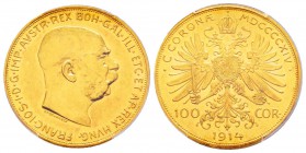 Autriche, Franz Joseph 1848-1916
100 Corona, 1914, AU 33.87 g. 
Ref : Fr.507, KM#2819 
Conservation : PCGS AU55 
Quantité: 1.195 exemplaires. Rare...