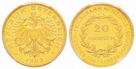 Autriche, République 1918-
20 Kronen, 1923, AU 6.75 g. 
Ref : Fr. 519, KM#2830
Conservation : PCGS MS63