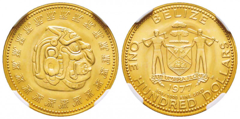 Belize
100 Dollars, 1977, Dieu Maya Kinich Ahau, AU 6.21 g. 500‰
Ref : Fr.3, K...