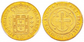 Brésil, Joao VI Prince Regent, 1805-1818
4000 Reis, Rio, 1808, AU 7.99 g.
Ref : Fr.95, KM#235.2
Conservation : PCGS MS64+