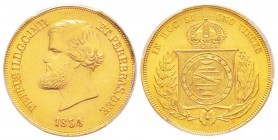 Brésil, Pedro II 1831-1889
10000 Reis, Rio, 1854 , AU 8.94 g.
Ref : Fried.122, KM#467
Conservation : PCGS MS64. 
