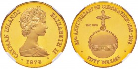 Caïmans (îles )
50 Dollars, 1978, 25ème anniversaire de couronnement, the Orb, AU 11.34 g. 500‰
Ref : Fr.12, KM#43
Conservation : NGC Proof 69 ULTR...
