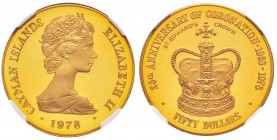 Caïmans (îles )
50 Dollars, 1978, 50ème anniversaire de couronnement, St. Edward's Crown, AU 11.34 g. 500‰
Ref : Fr.13, KM#44
Conservation : NGC Pr...