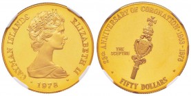 Caïmans (îles )
50 Dollars, 1978, 25ème anniversaire de couronnement, the Scepter, AU 11.34 g. 500‰
Ref : Fr.15, KM#46
Conservation : NGC Proof 68 ...
