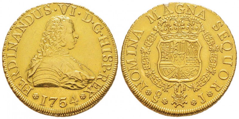 Chile, Ferdinando VI 1746-1760
8 Escudos, Santiago, 1754 OS j, au 26.9 g.
Ref:...