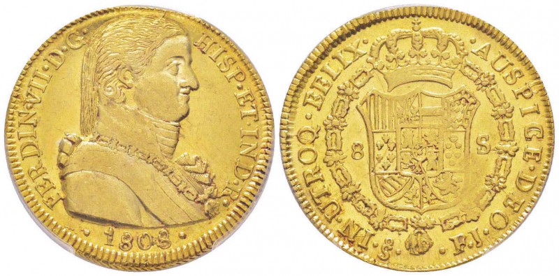 Chile, Ferdinand VII 1808-1833
8 Escudos, 1808 So FJ, Santiago, AU 27 g. 
Ref ...