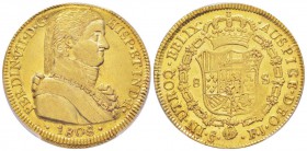 Chile, Ferdinand VII 1808-1833
8 Escudos, 1808 So FJ, Santiago, AU 27 g. 
Ref : Fr. 28, KM#72
Conservation : PCGS AU58