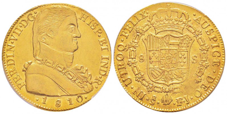 Chile, Ferdinand VII 1808-1833
8 Escudos, 1810 So FJ, Santiago , AU 27 g. 
Ref...