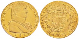 Chile, Ferdinand VII 1808-1833
8 Escudos, 1810 So FJ, Santiago , AU 27 g. 
Ref : Fr. 28, KM#72
Conservation : PCGS AU55