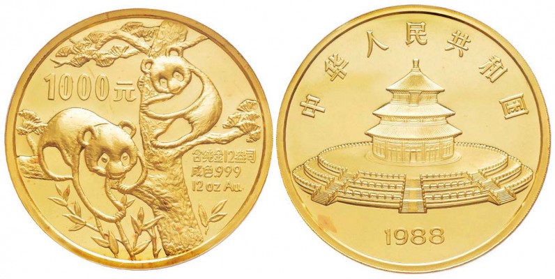 Chine, République
1000 Yuan, 1988, 12 OZ, AU 373.32 g. 999‰ 
Ref : KM#191
Con...