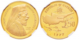 Chypre
République
50 Pounds, 1977, Makarios III, AU 15.98 g. 917‰
Ref : Fr.6, KM#47
Conservation : NGC Proof 69 ULTRA CAMEO