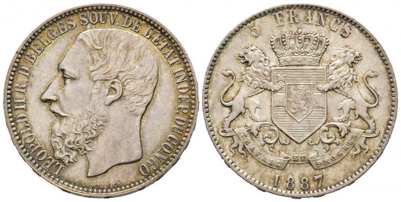 Congo belge, Leopoldo II 1865-1909
5 Francs, 1887, AG 24.98 g.
Ref : KM#8.1 
...