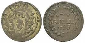 Corse, Pascal Paoli 1762-1768  
4 soldi, Murato, 1766, Billon 1.94 g. 
Avers : Dans un cercle surmonté d'un grènetis et barrettes alternés, tête de ...