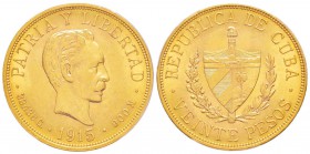 Cuba, Première République 1902-1962               
20 Pesos, 1915, AU 33.43 g. 900‰               
Ref : Fr.1 , KM#21           
Conservation : PCG...