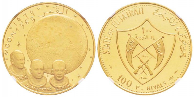 Émirats arabes unis, Fujairah
100 Riyals Apollo XI, 1969, AU 20.73 g. 900‰ 
Re...