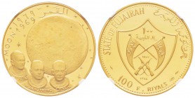 Émirats arabes unis, Fujairah
100 Riyals Apollo XI, 1969, AU 20.73 g. 900‰ 
Ref : Fr. 2, KM#9
Conservation : NGC Proof 69 ULTRA CAMEO. Le plus bel ...