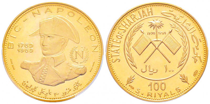 Émirats arabes unis, Sharjah
100 Riyals, AH 1389 (1970), Napoleon, AU 12.97 g. ...