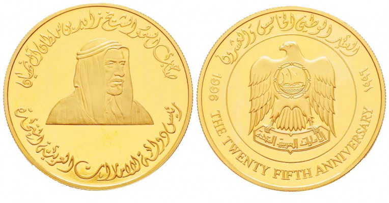 Émirats arabes unis, 
100 Dirhams 25ème Anniversaire de UAE, 1996, AU 40.33 g. ...