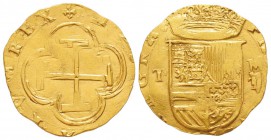 Espagne, Felipe II 1556-1598       
2 Escudos, Toledo, ND, AU 6.70 g.                
Ref : Cal.84var, Tauler 55
Conservation : TTB      
