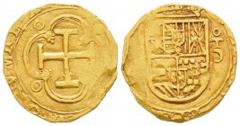 Espagne, Felipe II 1556-1598         2 Escudos, Toledo, ND, AU 6.54 g.             
Ref : Cal.- , Fr. 206 
Conservation : TTB. INEDIT avec le T et C...