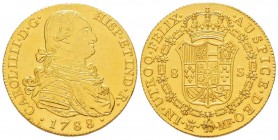 Espagne, Carlo IV 1788-1808  
8 Escudos, Madrid, 1788 MF, AU 27 g.                
Ref :  Cal.30
Conservation : Superbe. Rare        