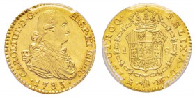 Espagne, Carlo IV 1788-1808  
1 escudo, Madrid, 1793 MF, AU 3.35 g.                
Ref :  Cal.492
Conservation : PCGS MS61    