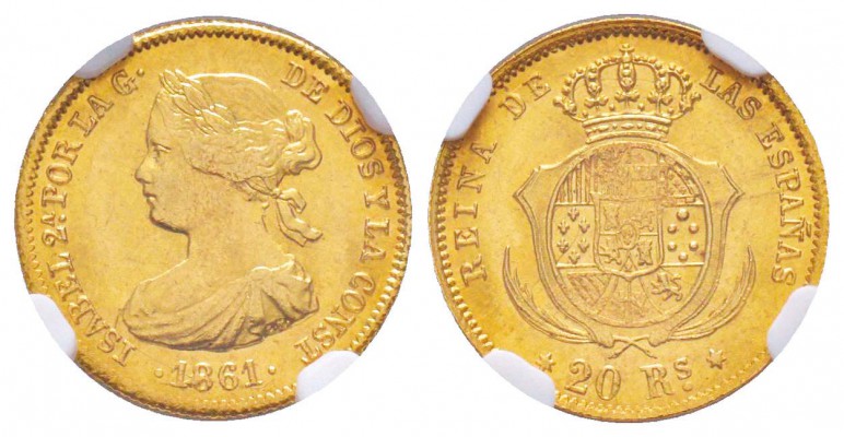 Espagne, Isabel II 1833-1868    
20 Reales, Madrid, 1861, AU 1.66 g. 900‰ 
Ref...