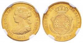 Espagne, Isabel II 1833-1868    
20 Reales, Madrid, 1861, AU 1.66 g. 900‰ 
Ref : Fr. 333, KM#610
Conservation : NGC MS62