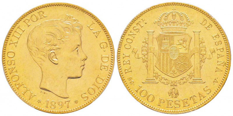 Espagne, Alfonso XIII 1886-1931
100 Pesetas, Madrid, 1897 SGV, AU 32.25 g.
Ref...