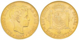 Espagne, Alfonso XIII 1886-1931      100 Pesetas, Madrid, 1897 SGV, Restrike 1961, AU 32.25 g.
Ref : KM#708
Conservation : PCGS MS64