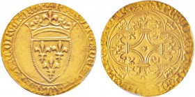 Valois
Philippe VI de Valois (1328-1350)
Ecu d'or à la couronne, 2ème émission (28 février 1388), AU 3.9 g. 
Avers : KAROLVS DEI GRA FrancORVm REX....