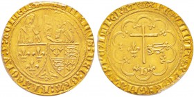 Henri VI d'Angleterre (1422-1453)
Salut d'or, 2e émission (6 septembre 1423), AU 3.5 g. 
Avers : HENRICVS DEI GRA FRACORV Z AGLIE REX.   L'archange ...