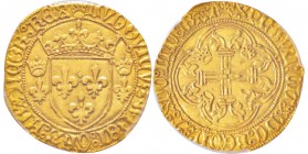 Louis XI  (1461-1483)
Ecu d'Or à la couronne, première émission, Toulouse, AU 3.5 g. 
Avers : LVDOVICVS  DEI  GRA FrancORVM Rex Écu de France couron...