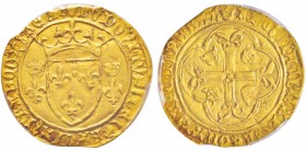 Louis XI  (1461-1483)
Ecu d'Or à la couronne, première émission, AU 3.5 g. 
Avers : LVDOVICVS  DEI  GRA FrancORVM Rex Écu de France couronné, accost...