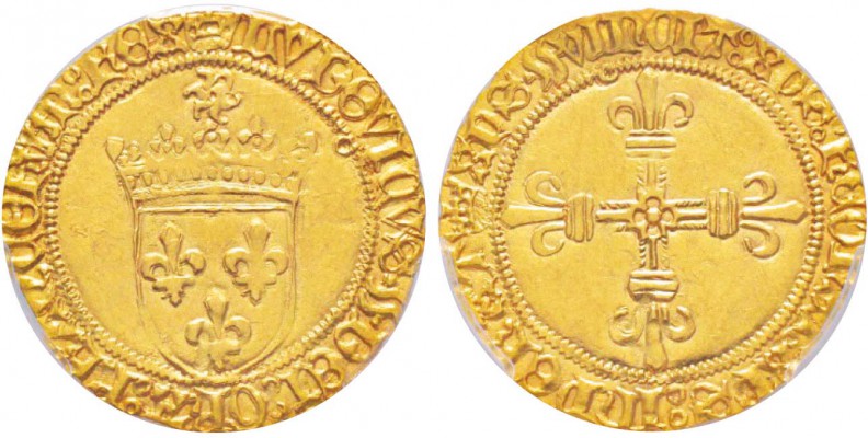 Louis XI  (1461-1483)
Écu d'or au soleil, Toulouse, AU 3.4 g. 
Avers : LVDOVIC...