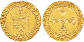 Louis XI  (1461-1483)
Écu d'or au soleil, Toulouse, AU 3.4 g. 
Avers : LVDOVICVS DEI GRA FrancORVM Rex Écu de France couronné, sous un soleil
Rever...