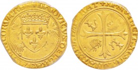Louis XII (1498-1515)
Écu d'or au porc-épic (novembre 1507), Saint-Lo , AU 3.3 g. 
Avers : LVDOVICVS DEI GRACIA FrancORVM REX Ecu de France couronné...