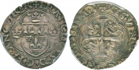 François Ier (1515-1547)
Grand blanc à la couronne, Turin, Billon 3.3 g. 
Avers : FrancISCVS D G FrancOR REX Écu de France entre trois couronnelles,...