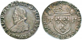 Principauté de Dombes
Teston, 1606 6 sur 5, AG 9.5 g.
Avers : HENRIC P DOMBAR D MONTISP Buste de Henri II de Bourbon barbu et cuirassé à gauche
Rev...