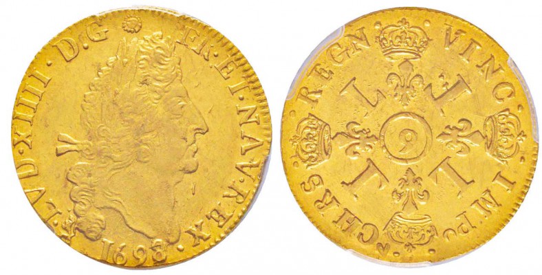 France, Louis XIV 1643-1715
Double Louis d'or aux 4 L, rf, 98 sur 97, Rennes, 1...