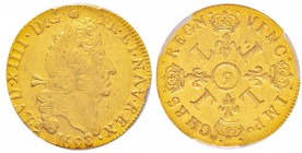 France, Louis XIV 1643-1715
Double Louis d'or aux 4 L, rf, 98 sur 97, Rennes, 1698, AU 13.5 g.
Avers : LVD XIIII D G FR ET NAV REX 1698 Tête deLoui...