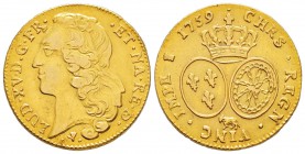 France, Louis XV 1715-1774
Double Louis d'or de Béarn au bandeau, Pau, 1759, AU 16.7 g.
Avers : LUD XV D G FR ET NA RE Tête à gauche du Roi, ceinte ...