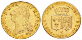 France, Louis XVI, 1774-1793
Double Louis d'or à la tête nue, Limoges, 1786 I, AU 15.29 g.
Avers :  LUD XVI D G FR ET NAV REX Tête nue à gauche.
Re...