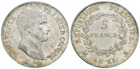 France, Premier Consul 1799-1804     5 Francs, Paris, AN XI A, AG 25 g.               
Ref : G.577          
Conservation : PCGS MS62. Merveilleux e...