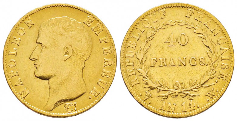 France, Premier Empire 1804-1814       40 Francs, Lille, AN 14 W, AU 12.9 g.    ...