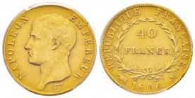 France, Premier Empire 1804-1814       40 Francs, Toulouse, 1806 M, AU 12.9 g.                
Ref : G.1082, Fr.486               
Conservation : PC...