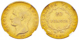 France, Premier Empire 1804-1814       20 Francs, Limoges, 1806 I, AU 6.45 g.               
Ref : G.1023, Fr. 488               
Conservation : NGC...