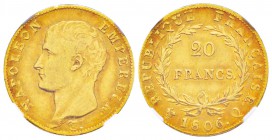 France, Premier Empire 1804-1814       20 Francs, Perpignan, 1806 Q, AU 6.45 g.               
Ref : G.1023, Fr. 489               
Conservation : N...