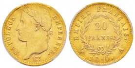 France, Premier Empire 1804-1814       20 Francs, Paris, 1810 A, Grand coq, AU 6.45 g.                
Ref : G.1025, Fr.516               
Conservat...