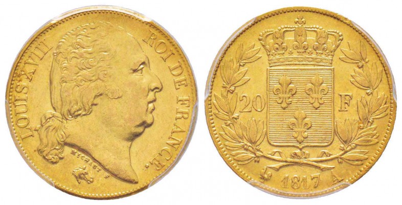 France, Louis XVIII 1815-1824    20 Francs, Paris, 1817 A, AU 6.45 g.           ...